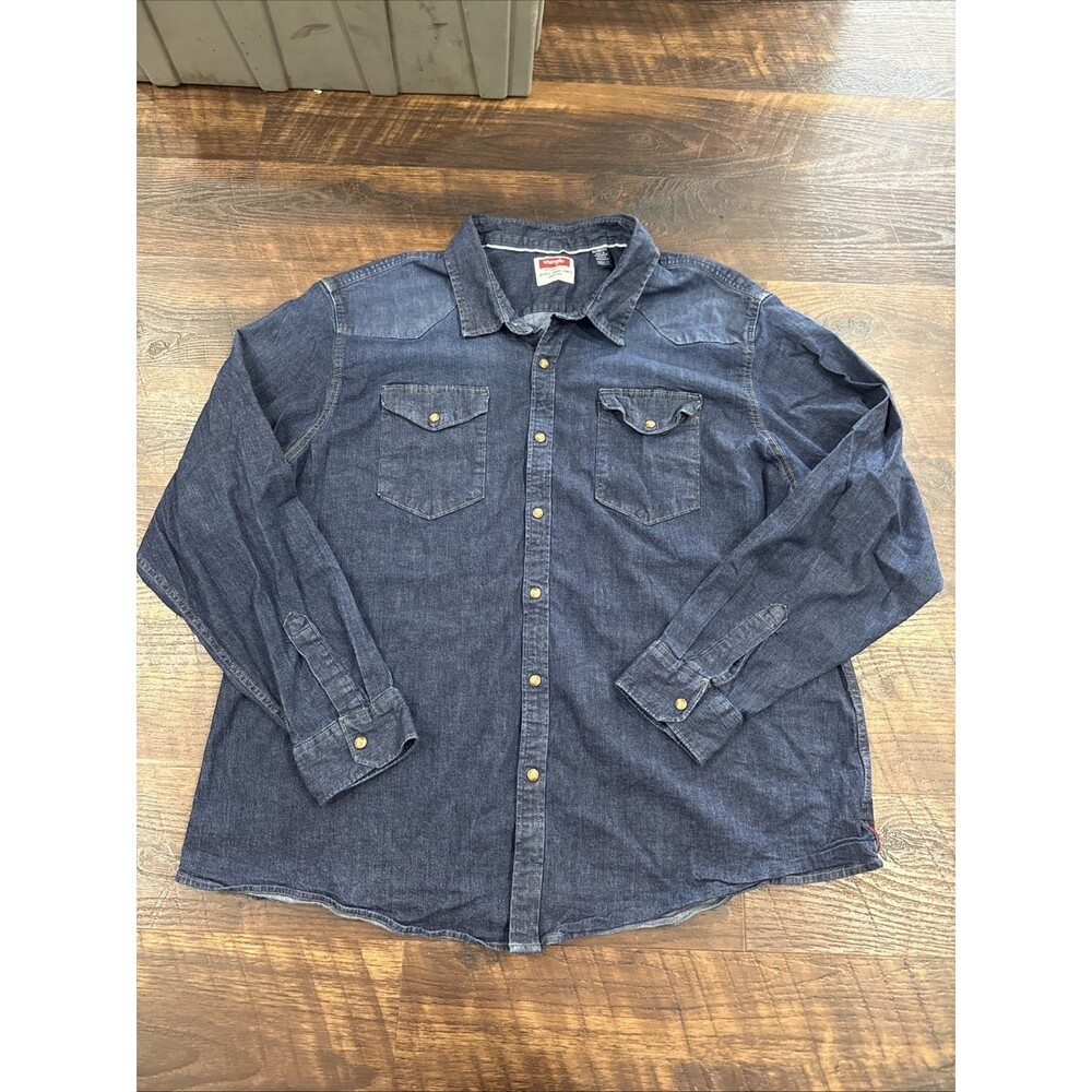 Wrangler Mens 3XL Dark Wash Denim Western Pearl Snap Shirt 100% Cotton Blue EUC